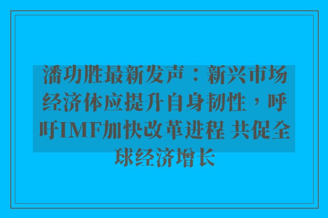 潘功胜最新发声：新兴市场经济体应提升自身韧性，呼吁IMF加快改革进程 共促全球经济增长